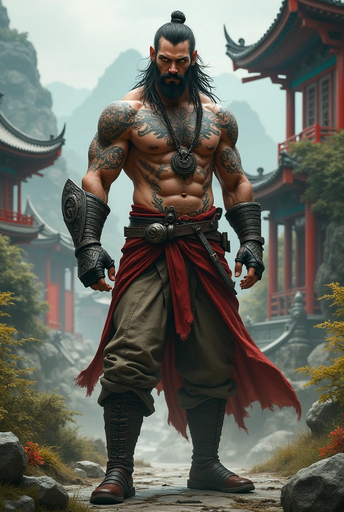 A man with long hair, several tattoos on his body, an iron gauntlet, yellow eyes, cloth pants and steel boots in a medieval Asian setting