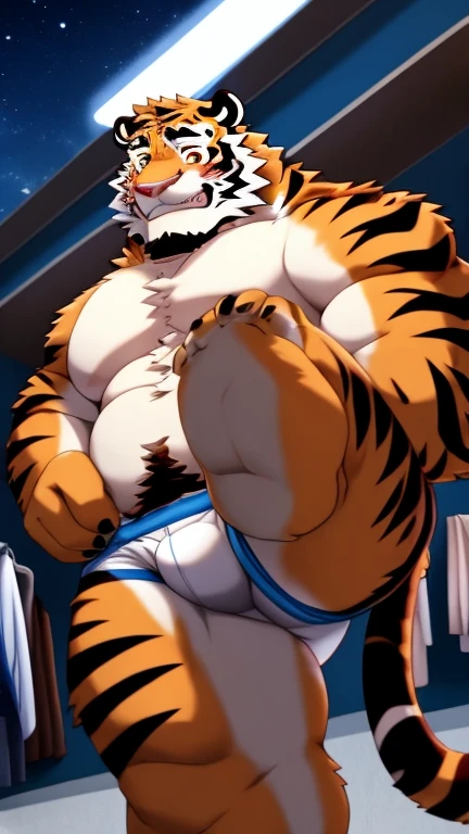 anime style, aid210, nj5furry, ((whole body)), ((white brief)), standing, kick, ((plump middle-aged tiger man)), BREAK ((brown eyes)), one eye closed, beautiful beard, beautiful ears, (male face:1.3), (big face:0.5), square jawline, (Male Eyes:1.2), (sharp eyes:0.8), (big eyes:0.5), male eyebrows, (innocent look:0.5), (beautiful black nails down to the last detail:1.2), BREAK (complete Anatomy), (detailed face:1.3), beautiful face, (detailed body), (beautiful hands:1.2), (detailed fingers:1.2), (detailed eyes:1.1), (beautiful Eyes:1.1), arm details, Leg Details, beautiful feet, BREAK Muscular anthlo, body hair, ((hairy skin)), fluffy, (blood vessel:-0.8), (glowing Skin:-0.7), (chest hair:0.5), (1 tail), (a beautiful and detailed small tail), BREAK night sky, changingroom, outdoor, ultra detailed, highest quality, ultra-high resolution, realistic, 16K, masterpiece, beautiful detailed, perfect solution, absurdists, (faint light),