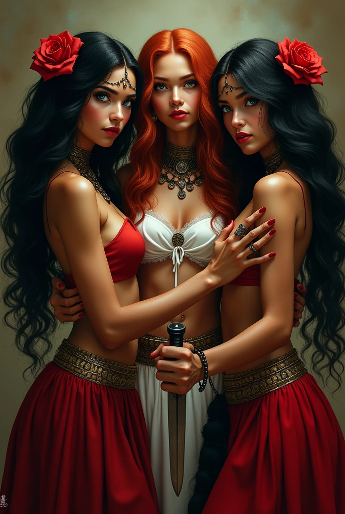 3 mulatto woman , clear green eyes , long wavy black hair with a red rose, wearing a long red and black ruffled skirt with a coin belt at the waist and a dagger placing his hand on the shoulder of a young woman , redhead with green eyes wearing a white candomblé outfit and a black and red necklace in an umbanda session
