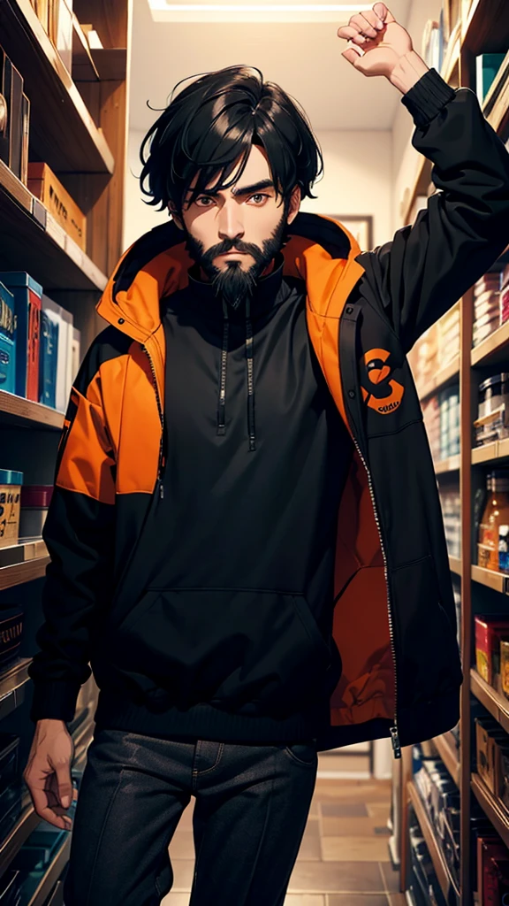 1 man with a beard, skin black, orange eyes, in a sweatshirt coat, black hair in an unfamiliar environment