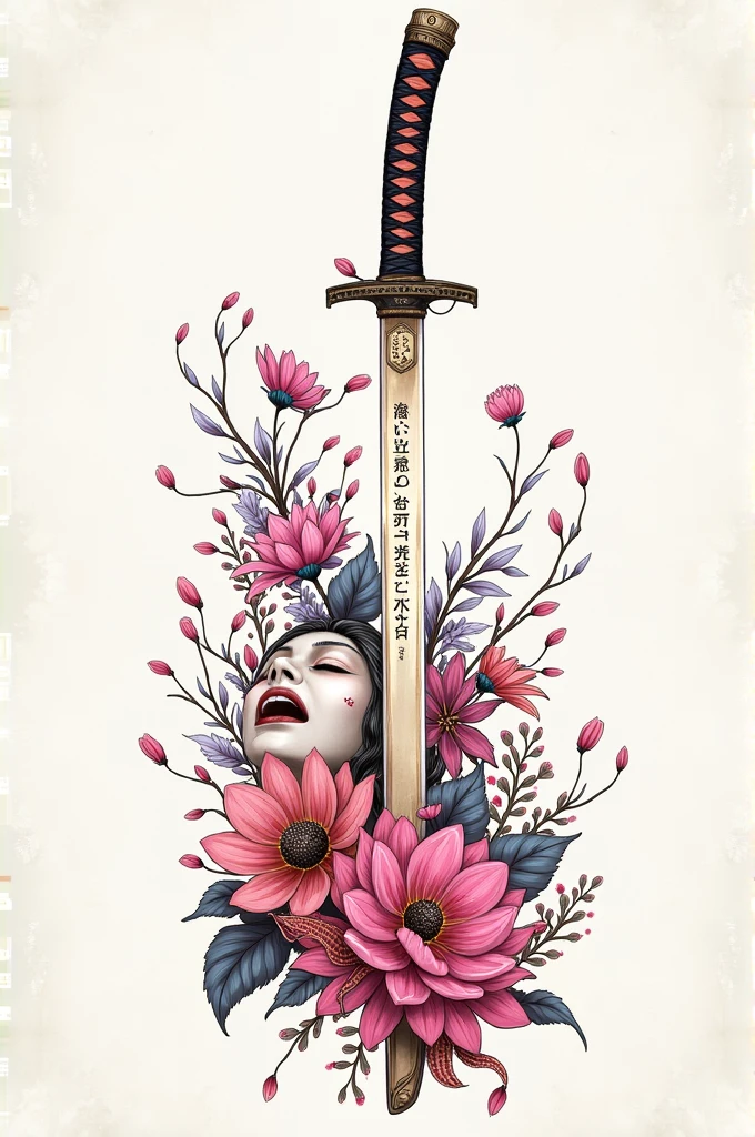 A drawing of a katana with a legend written on the blade of the sword, Valentina's values, Loyalty, love, force, freedom and with flowers of rights and petals flying and even at one side a woman's mask
