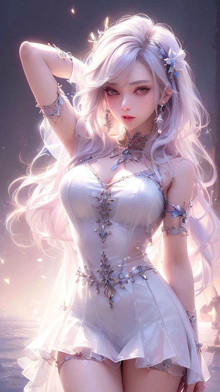 (Masterpiece, Highest quality, the best, official art, beautiful and beautiful, Long Exposure: 1.2), Smooth Movement, Charming Patterns, 1 girl, (There is no cleavage.: 1.4), (Long Dress with Sleeves: 1.3) , ชุดเดรสยาวpink, (small breasts: 1.2), bare shoulders, Mature Russian Women, freckles, white lob hair, Portrait, alone, upper body, looking at the observer, Detailed background, detailed face, (CrystallineAI, Crystal Theme: 1.1 ), elemental water sprite, spinning water, controlling water, Diamond Clothing, dynamic gesture, floating particles, ethereal dynamics, water, cough, ocean in the background, pink, seashore, Ethereal atmosphere,