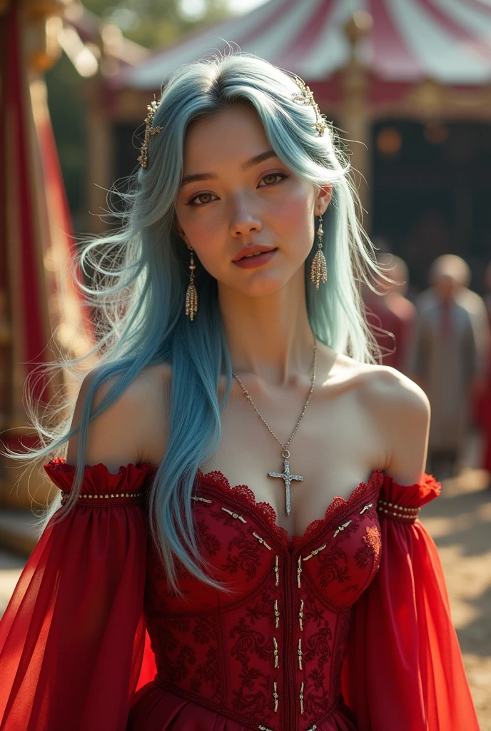 Beautiful girl, blue eyes, white hair, japanese hairstyle, detailed facial traits, in a temple, open orange monk dress, naked breasts, scar near her eye, huge beautiful earrings, huge breasts, sexy pose
