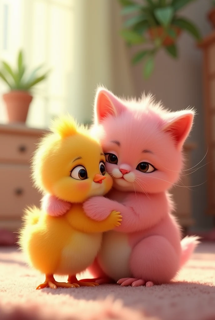 Pixar-like image of a colored chick hugging a pink cat