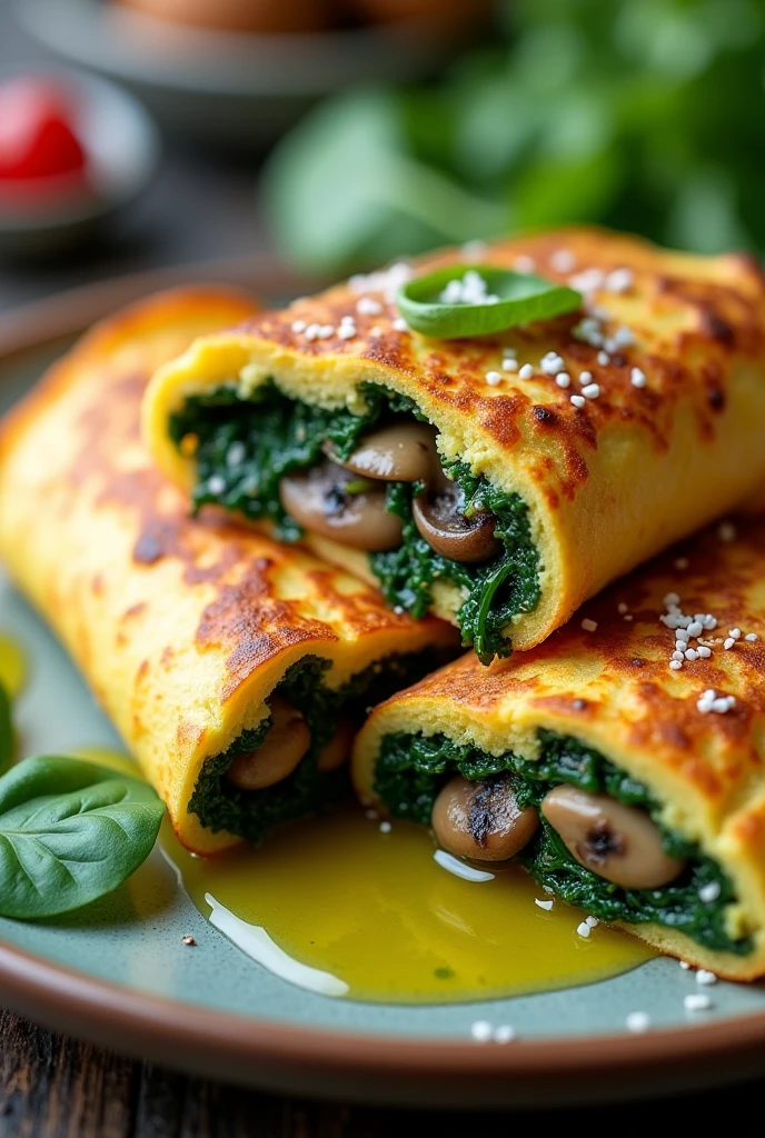 Create an image of this recipe: Spinach and Mushroom Omelette Ingredients:
- Fresh spinach: 100 g - Mushrooms: 100 g - Eggs: 4 units - Onion: 50 g - Olive oil: 15 ml
- Sal: 5 g - Pepper: 2 g Preparation:
1. Wash and cut the mushrooms into slices and finely chop the onion..
2. In a frying pan, Heat the olive oil and fry the onion and mushrooms until golden brown.
3. Add the spinach and cook until wilted..
4. Beat the eggs in a bowl, Add the spinach and mushroom mixture, and season with salt and pepper.
5. Pour the mixture into the pan and cook over medium heat until the tortilla is completely set., turning carefully if necessary.
6. Serve hot.