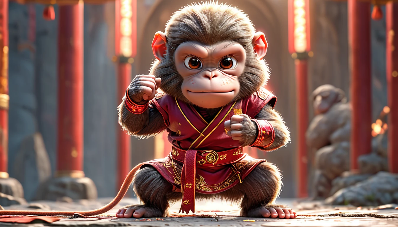 Close-up shot of a monkey, Monkey Martial Artist,whole body, Lightning-charged Fist, Wearing martial arts uniform, Chinese Shaolin Temple Background, High resolution, masterpiece, Highest quality, Super detailed, Super detailed, Ultra-realistic,
Hong Kong Style, 3D Fluffy, Cute and adorable close-ups, Cute big round reflective eyes, Long fuzzy fur, Pixar Rendering, unreal engine Cinematic smooth, Exquisite detail, Cinematic