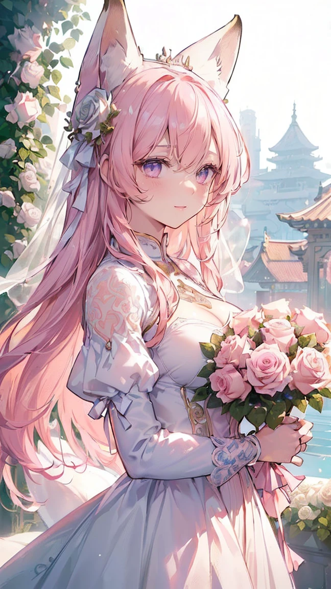 (((masterpiece))), (((Highest quality))), ((Very detailed)), ((Ultra-fine illustrations)), ((Ultra-fine painting)), (16K Highest quality wallpaper:1.4), (Upper Body:1.4), (Highly detailed and subtle illustration style,:1.8) Detailed skin texture, Detailed cloth texture, Detailed rose flower texture, Detailed wood grain texture, Very detailed説明, (T-masterpiece), (Very detailed顔:1.4,smile), original, RAW Photos, Professional, Intricate details, Super Details, Direct sunlight:1.6, (Perfect Anatomy:1.4), (Extremely elaborate hands:1.2), (Very elaborate fingers:1.2), (Very detailed指先:1.2), (2), Genuine, (alone:1.6), (A messenger of God、Very beautiful and attractive fox fashion model who is a traditional sacred maiden:1.4) brake (Beautiful and adorable fox ears:1.6), (Very detailed and delicate pink fox ears:1.4), (Beautiful and well-shaped big breasts:1.2), (Beautiful and shapely butt), (Beautiful shiny pink hair:1.6,long hair,Wavy Hair), (Very fine and delicate pink hair:1.4), (Clear, light purple eyes that shine beautifully in detail:1.6), (Very delicate and detailed pale purple eyes:1.2), (Very detailed顔:1.4), (smile:1.4), (View your viewers:1.4), (Are standing:1.4), (celebration:1.4) brake ((celebrationの席で着られる、A delicate and beautiful princess in a red dress.。:1.4)) brake ((Holding a large, intricate and delicate bouquet in both hands ((White and pink roses)):1.3)) brake (After noon:1.4), (celebration:1.4), ((Highly detailed and delicate white rose flowers and pink rose flower garden background:1.4)), (春のAfter noonの、Highly detailed and intricate palace courtyard background:1.4) brake
