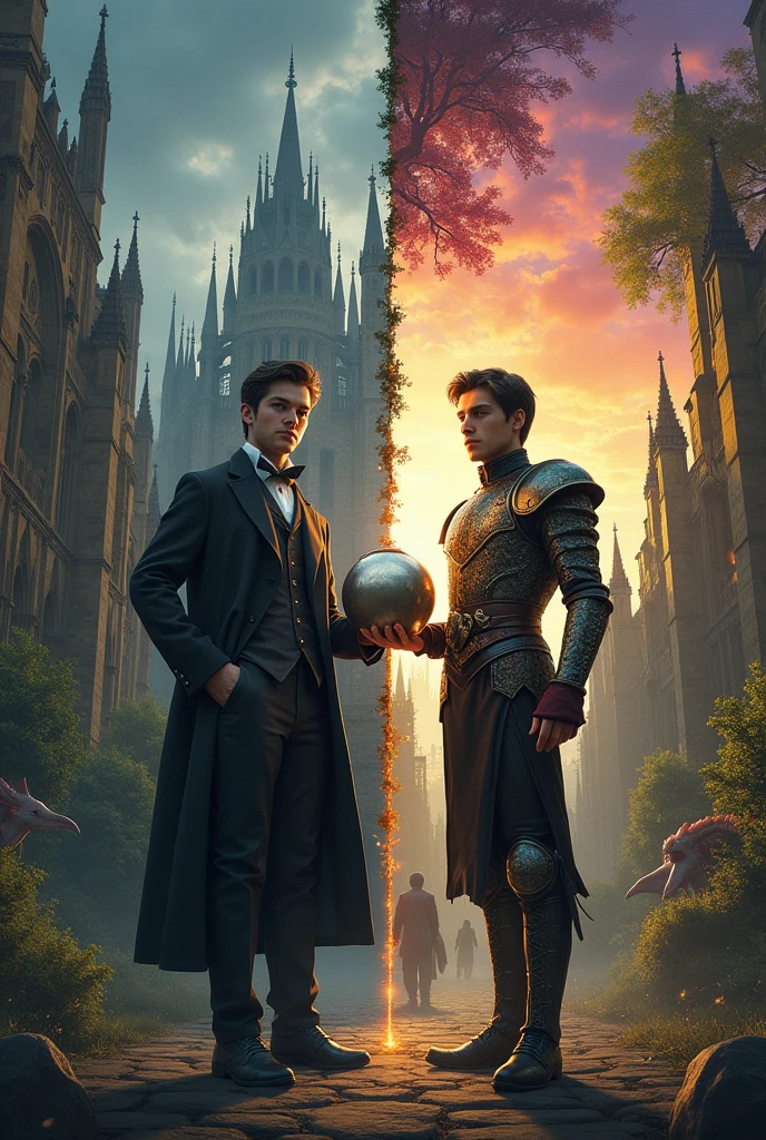 A split scene cover. On the left side, depict late 19th-century Great Britain, with an overcast sky above Cambridge University’s iconic Gothic architecture. A young man, Ethan Rivera, stands prominently in the foreground, dressed in a formal academic suit typical of the era, his expression determined yet contemplative. To his right, the scene transitions into a vibrant, medieval fantasy world, with mystical forests and towering, magical ruins under a sky of swirling colors. Ethan is seen again, now clad in a mix of 19th-century attire and medieval armor, holding a metallic spherical object (an Admin Core) that emits a faint, ethereal glow. The background on this side features strange creatures and an ancient wall, symbolizing the barrier between the two worlds. The title, The Odyssey of 1896, is displayed prominently at the top in a stylized, elegant font that combines elements of Victorian and medieval design.