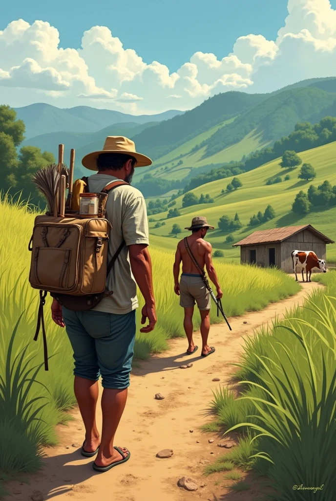 Recreate the following stanza in a realistic and contextualized way in Latin American country life:
A farmer brings his work tools and backpack along a path:
Another peasant brings sandals and does not have a hat. He is looking for a cow with her calf to milk next to the corral..