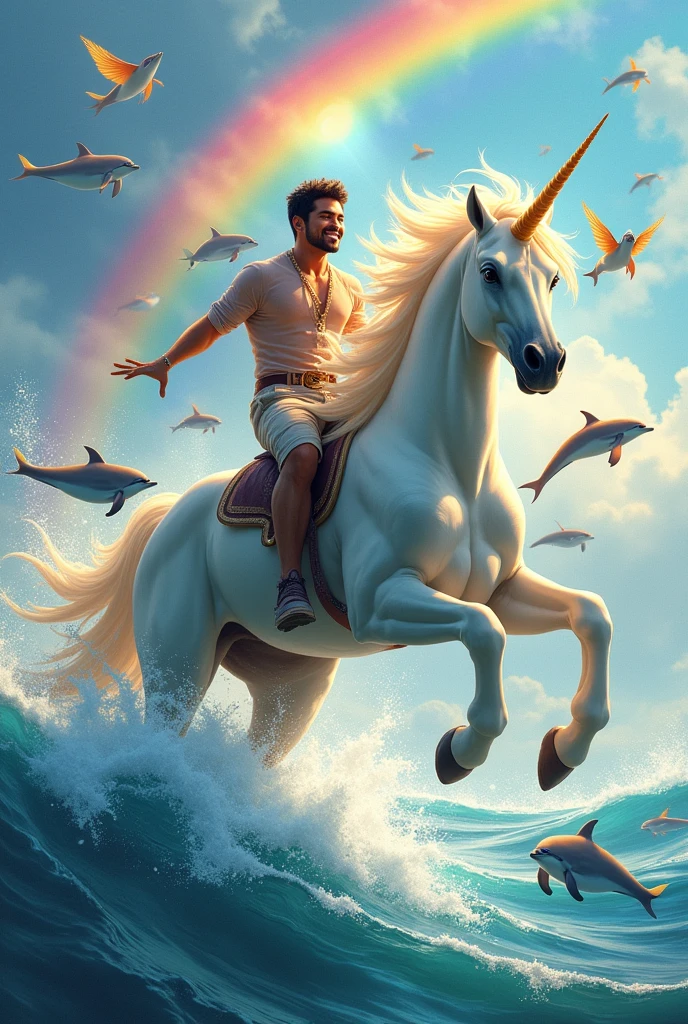 Chayanne on a unicorn with dolphins around him, with rainbow and flying fish, colorful