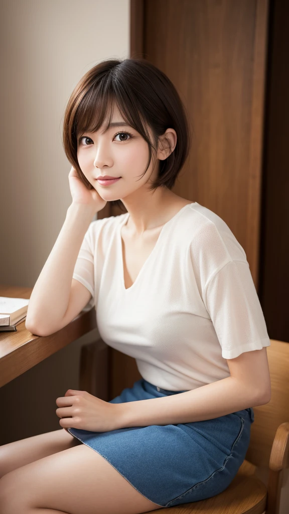 "A beautiful woman with short hair and a neat and pretty look、She has bright brown eyes and a refreshing smile.。she is wearing casual clothes、Natural makeup applied。There is an urban cafe in the background.、Sitting relaxed by a window with natural light streaming in。"Her face looks just like Hirose Suzu、