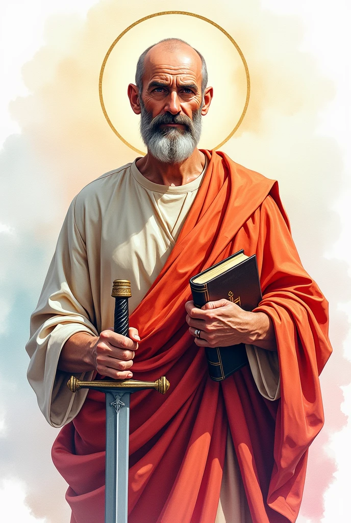 colorful watercolor style illustration, de meio corpo, of the holy Saint Paul the Apostle. Man around 50 years old, thin and bald hair, with furrowed eyebrows, with a slightly pronounced nose and full of charm. In his right hand he holds a sword at waist height, in the left hand a bible. high quality image