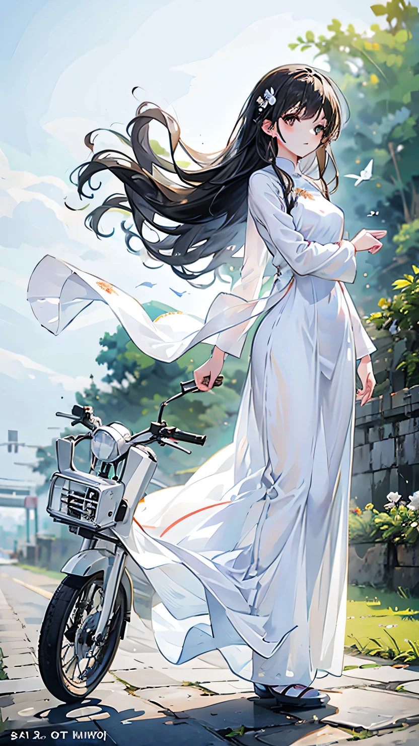 Full body illustration, white Ao dai (Vietnam long dress), ride a bike, country girl, Black hair, hair flying in wind, warm tone, brown eyes, winner pixiv contest, 