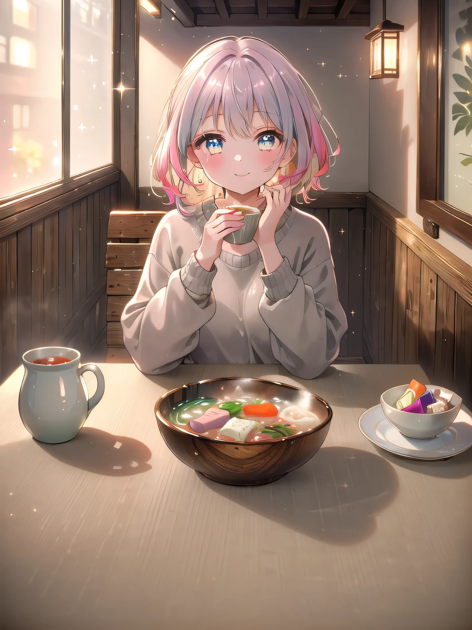 ((8k, Highest quality, masterpiece: 1.3)),Ultra-high resolution,(1 girl, alone), (Color changing eyes, Ultra-detailed, Expressive brilliance, Glitter, Glowing Eyes), Highly detailed eyes, Highly detailed face, Random Hair, ((pastel colour)In the cozy dining nook, she sits at a narrow, rustic wooden table. In front of her, a single bowl of miso soup and a small plate of pickled vegetables are placed on a simple linen placemat. The dishware is plain, with muted earth tones. She’s dressed in a soft grey knit sweater and loose cotton pants, exuding a relaxed vibe. She looks at the camera with a warm, appreciative smile, her cheeks slightly flushed as if she's savoring both the food and the company. Her eyes are bright, filled with quiet happiness, and her hand rests lightly on the table, fingers gently curled around the warm soup bowl.