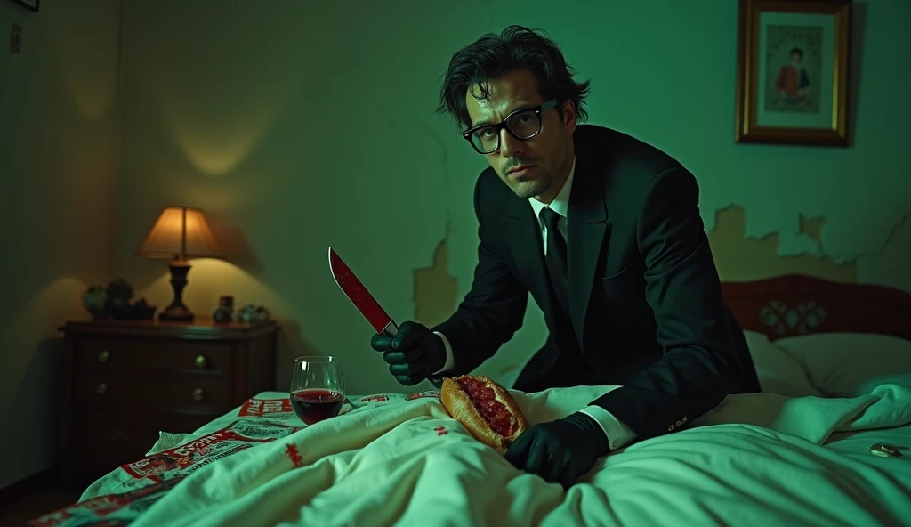 Man with black rimmed glasses c, mysterious giallo slasher, black gloves, knife, glasses, cheap hotel room, plaster peeling, whiskey, dead body of teenage girl, girlie books on bed, blood spatter, blood drops, ropes, tape, murder, wavy black Roma hair, candles, tinctures, herbs, charms, talismans, style of Euro Fumetti comic books, Dario Argento, Mario Bava, erotic illustration art style, Lomo effect, satanic, creepy, strange, bizarre, retro, subdued diffused red and green back lighting, Cinematic Volumetric Lighting, HD, 8x, intricate, retro, old times, 1940s, 1950s,