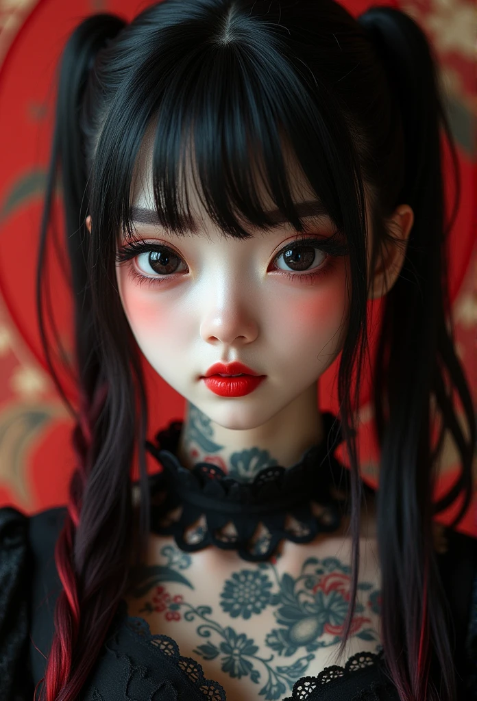 Masterpiece, Best quality, gif,1 porcelain ceramic girl, Solo, Natural skin texture, Realistic black eyes and facial details :5),(Dark :1. 4), Deep shadows, Extremely detailed beauty, Detailed eyes and face, sharp black eyes, Red lipstick, No black eyeliner, Detailed Gothic costumes, pony tails, Black hair, nikon d850 film, Surreal, Authentic textures, Dramatic, lighting, illusory engine, (facial clarity :1). 5), (Transparent clothes :1); 1) Gothic style, Black lace, tattoo. Japanese girl with more or less long black hair with bangs and red highlights, e sexy, Lady,Red hair,dress,beautiful,anime,tattoo, face portrait, close up, big beautiful detailed eyes, ulzzang, art nouveau, candy, sweets, tattoo background pattern, tapestry, backlit, neon palette, geisha, 3 dimensional against a traditional japanese tapestry,