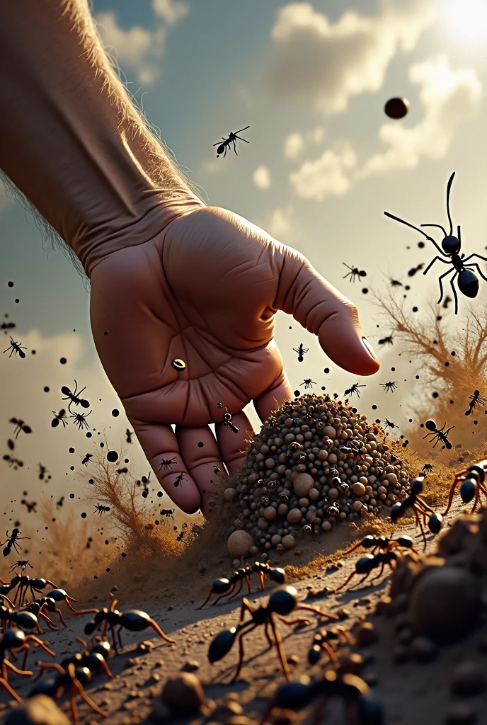 A powerful hand beats on the ant nest full of ants, some ants are blown away, some ants are fighting, the background is the mud sputtering, the picture composition golden ratio, reflecting the antagonism of hands and ants, fierce fighting, vertical composition. Realistic style, 3D quality