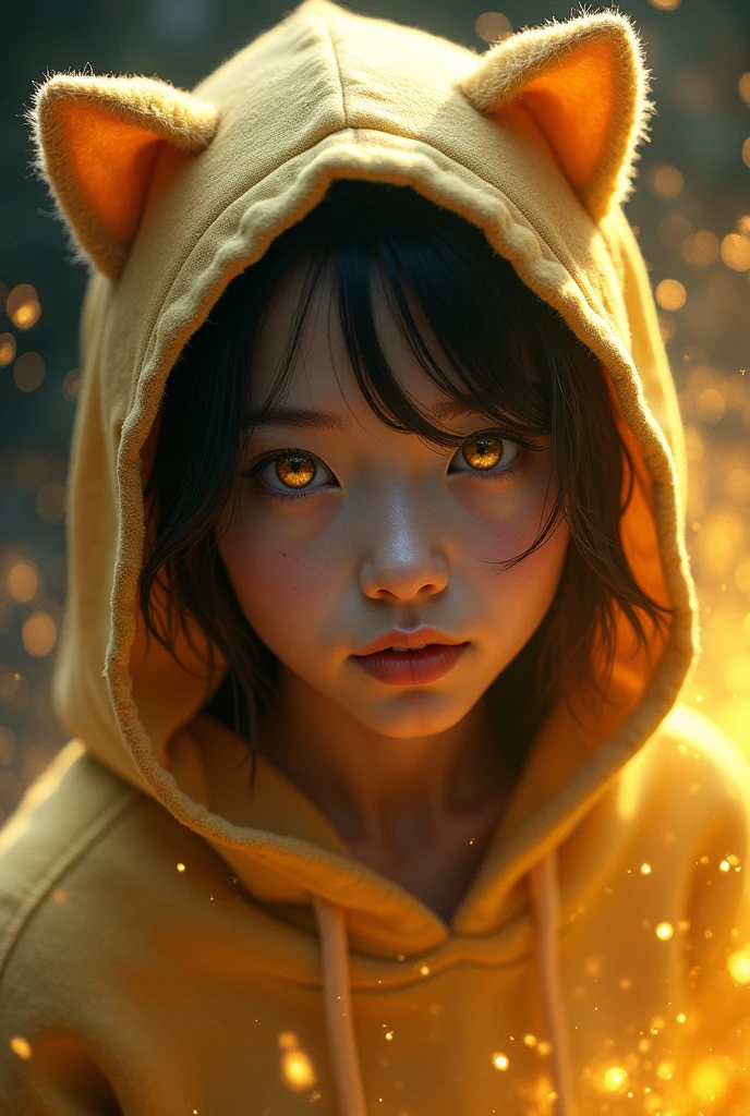 Girl with golden eyes, hoodie with cat ears, White skin, aura with golden magic