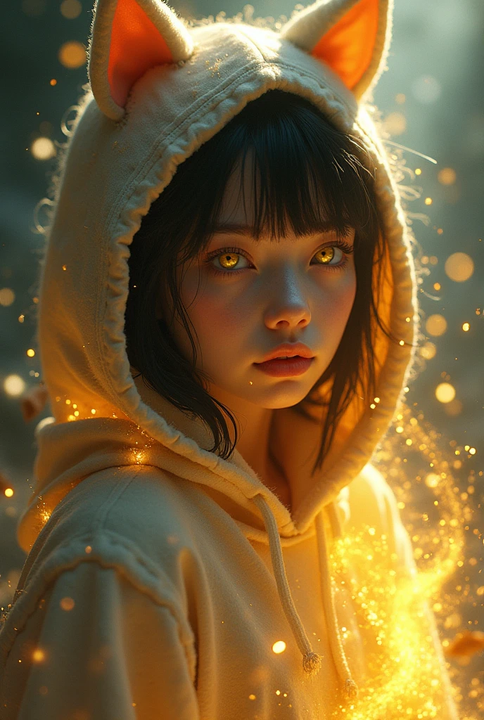 Girl with golden eyes, hoodie with cat ears, White skin, aura with golden magic