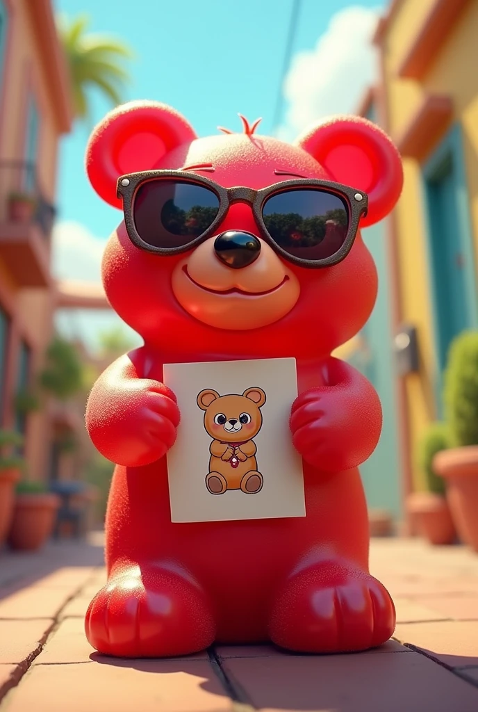 Red gummy bear with sunglasses and a little bear drawing


