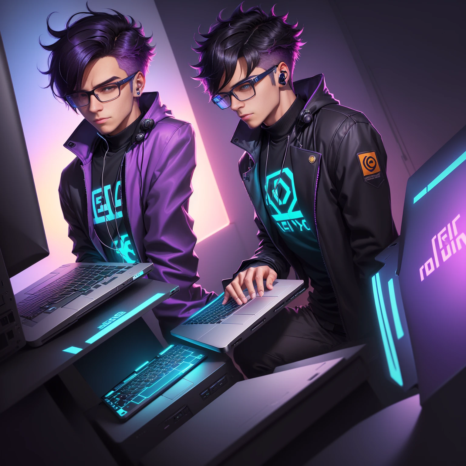 there is a young man wearing headphones and glasses working on a laptop, cyber style, eboy, epic digital art illustration, cyril rolando and goro fujita, epic art style, profile picture 1024px, computer game art, retrowave epic art, epic retrowave art, synthwave art style ]!!, cyberpunk art style, ergodox