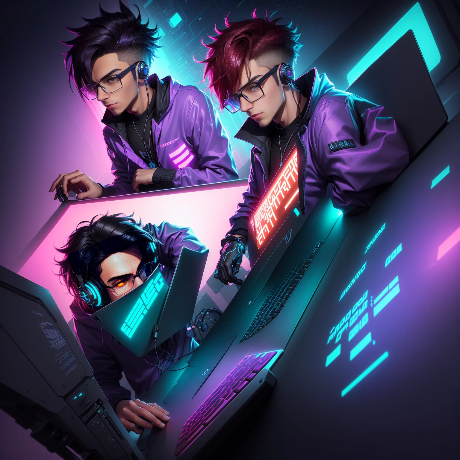 there is a young man wearing headphones and glasses working on a laptop, cyber style, eboy, epic digital art illustration, cyril rolando and goro fujita, epic art style, profile picture 1024px, computer game art, retrowave epic art, epic retrowave art, synthwave art style ]!!, cyberpunk art style, ergodox