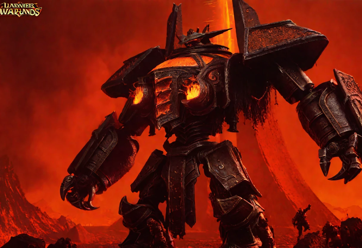 a giant death robot, a lava spewing demon engine from warhammer 40k, red paint, bronze metal, lava cannons, scorpion theming, bronze buddha statue head, volcano setting, intricate machinery, glowing lava, photorealistic, highly detailed, 8k, masterpiece, cinematic lighting, concept art style
