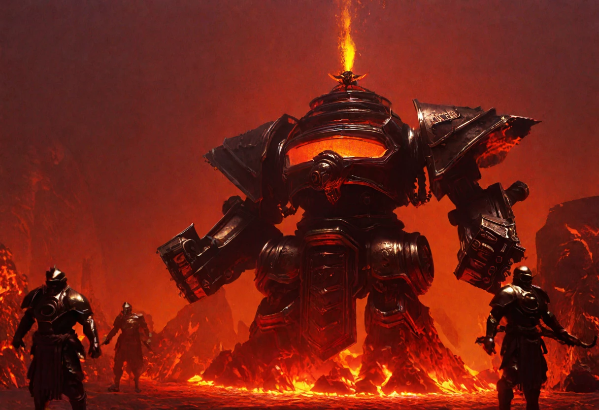 a giant death robot, a lava spewing demon engine from warhammer 40k, red paint, bronze metal, lava cannons, scorpion theming, bronze buddha statue head, volcano setting, intricate machinery, glowing lava, photorealistic, highly detailed, 8k, masterpiece, cinematic lighting, concept art style
