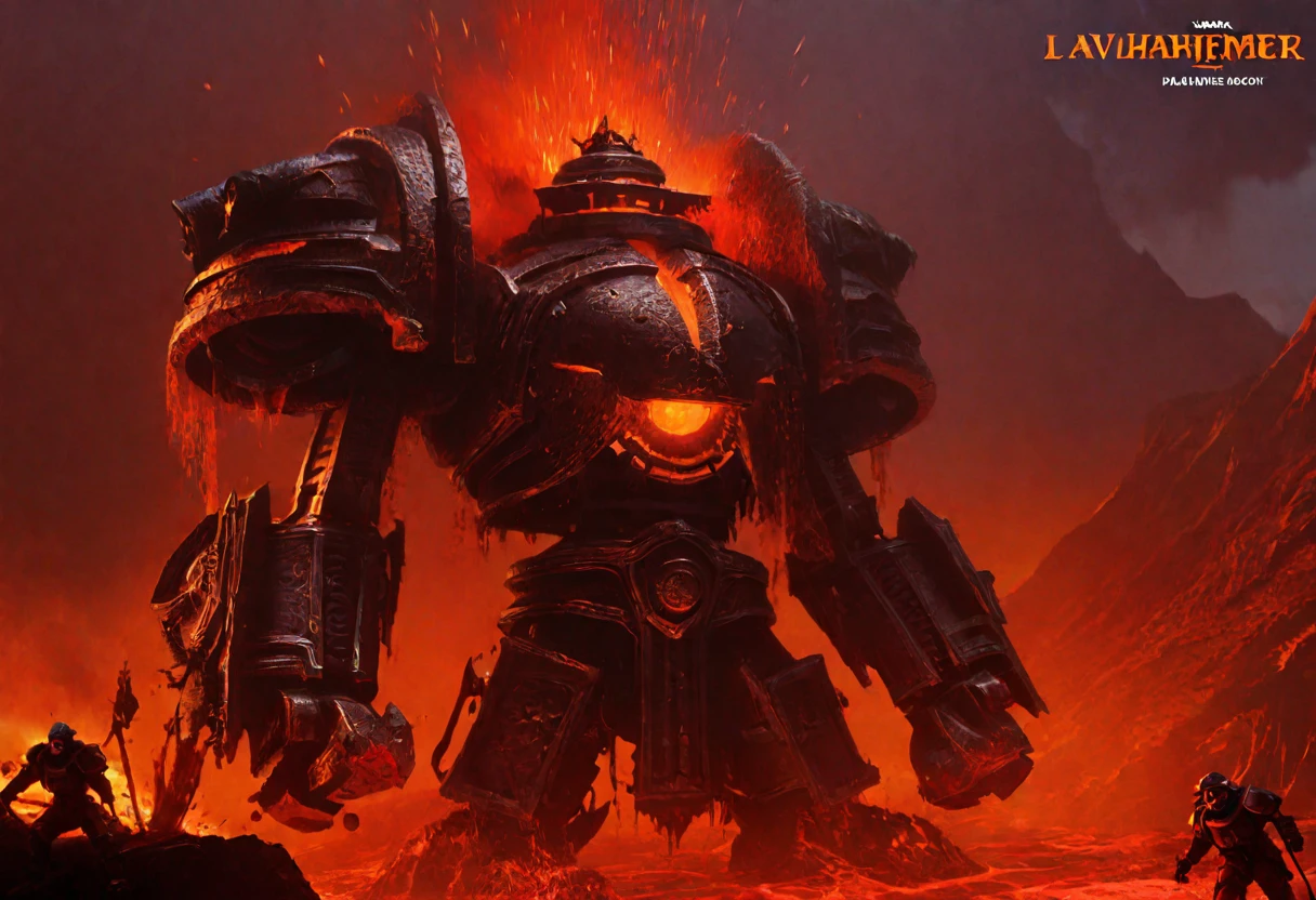 a giant death robot, a lava spewing demon engine from warhammer 40k, red paint, bronze metal, lava cannons, scorpion theming, bronze buddha statue head, volcano setting, intricate machinery, glowing lava, photorealistic, highly detailed, 8k, masterpiece, cinematic lighting, concept art style
