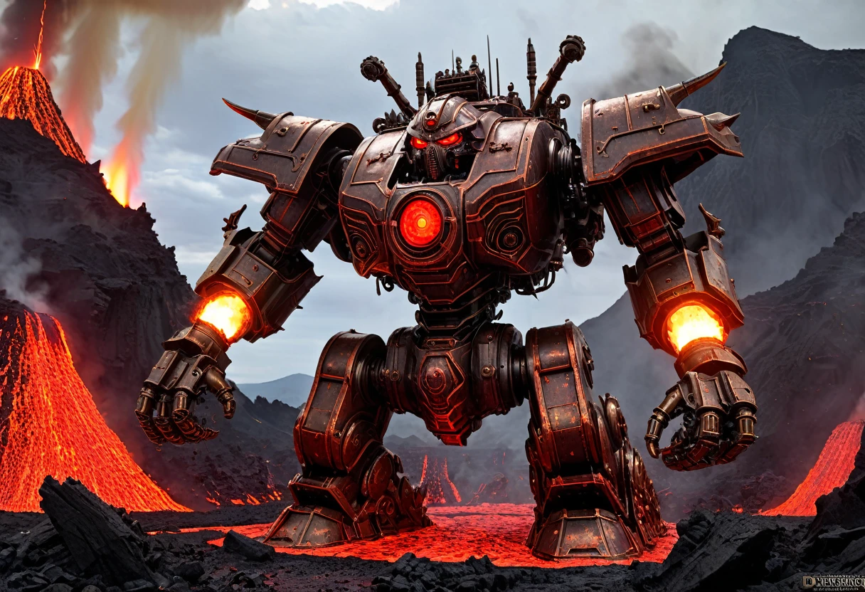 a giant death robot, a lava spewing demon engine from warhammer 40k, red paint, bronze metal, lava cannons, scorpion theming, bronze buddha statue head, volcano setting, intricate machinery, glowing lava, photorealistic, highly detailed, 8k, masterpiece, cinematic lighting, concept art style
