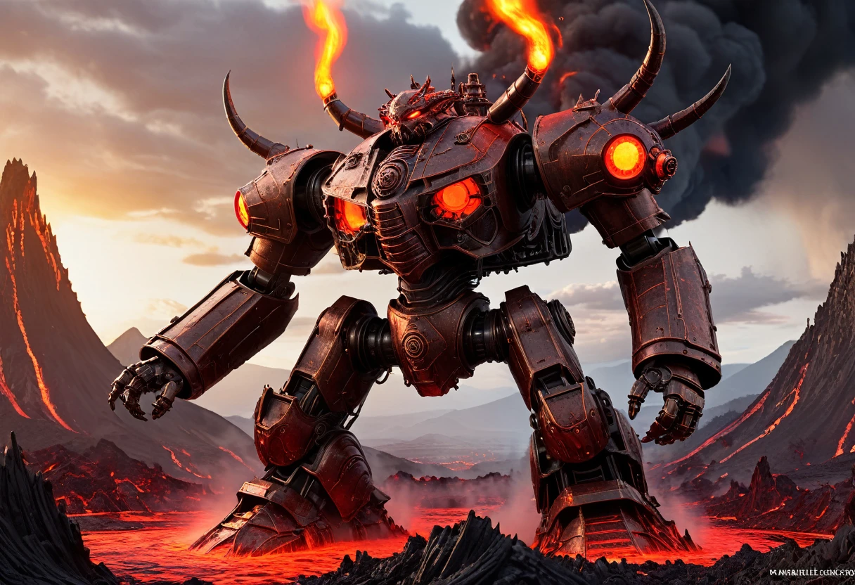 a giant death robot, a lava spewing demon engine from warhammer 40k, red paint, bronze metal, lava cannons, scorpion theming, bronze buddha statue head, volcano setting, intricate machinery, glowing lava, photorealistic, highly detailed, 8k, masterpiece, cinematic lighting, concept art style
