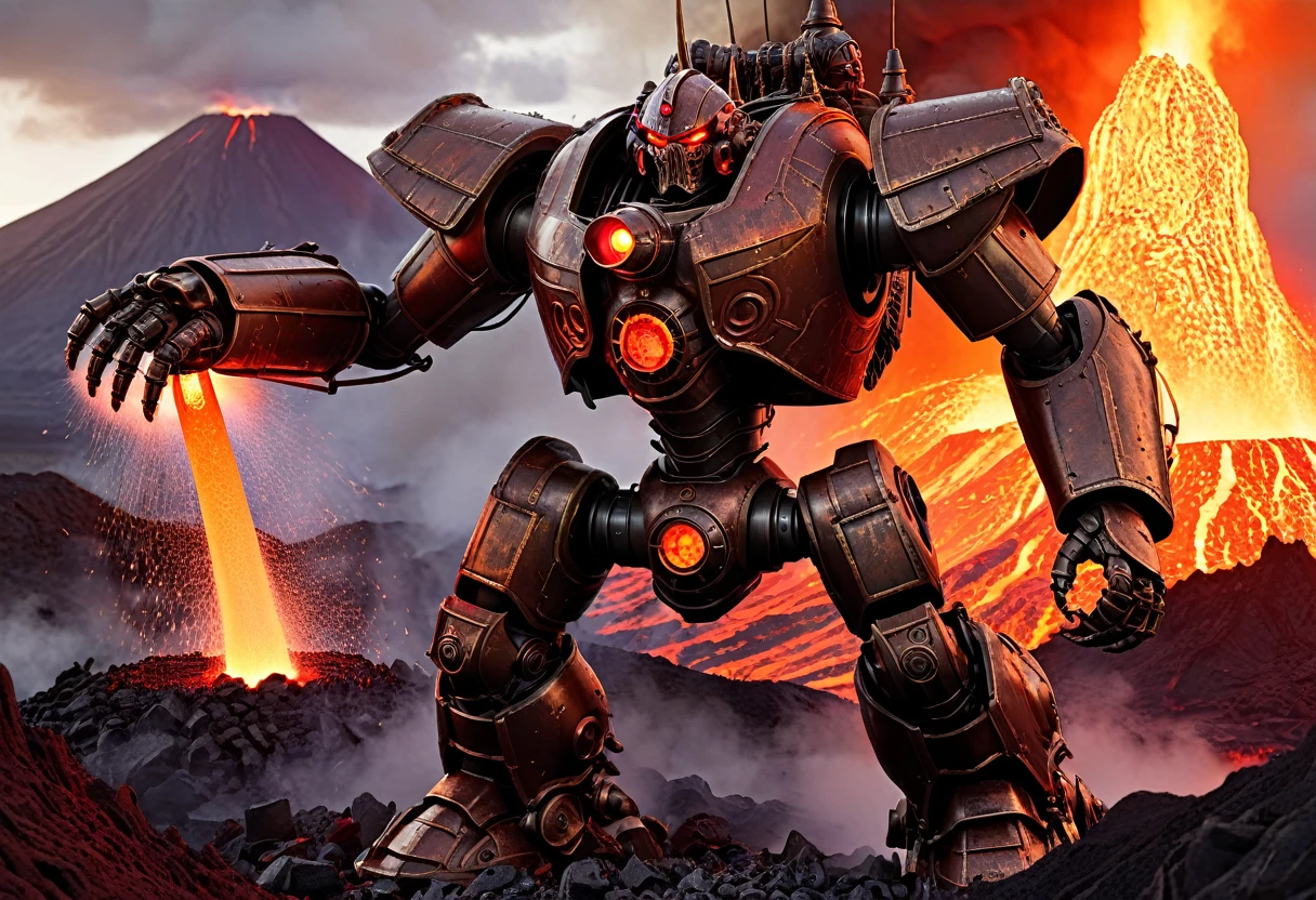 a giant death robot, a lava spewing demon engine from warhammer 40k, red paint, bronze metal, lava cannons, scorpion theming, bronze buddha statue head, volcano setting, intricate machinery, glowing lava, photorealistic, highly detailed, 8k, masterpiece, cinematic lighting, concept art style
