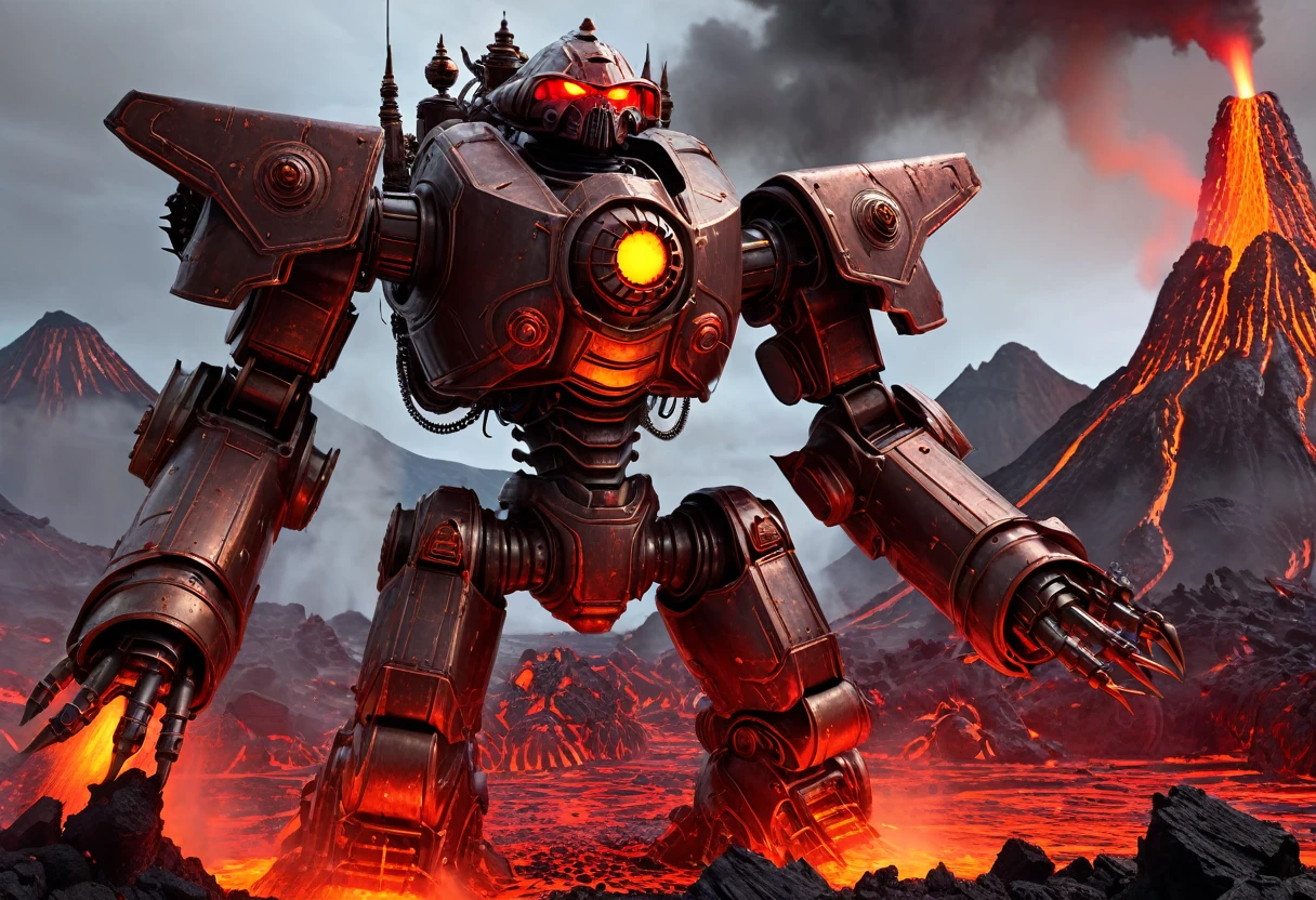 a giant death robot, a lava spewing demon engine from warhammer 40k, red paint, bronze metal, lava cannons, scorpion theming, bronze buddha statue head, volcano setting, intricate machinery, glowing lava, photorealistic, highly detailed, 8k, masterpiece, cinematic lighting, concept art style
