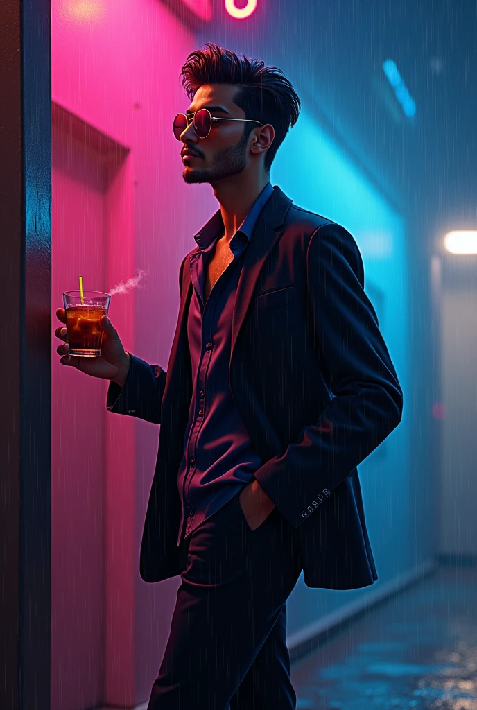 Stand stylish dress boy wall name SHARIF KHAN neon light smoking and drink rain light