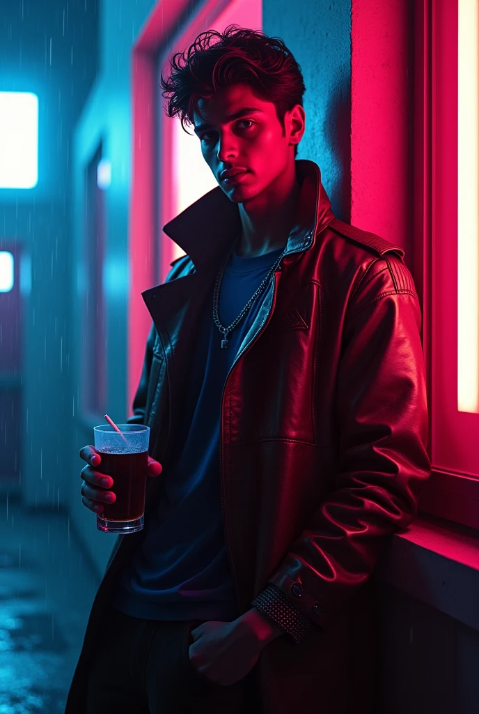 Stand stylish dress boy wall name SHARIF KHAN neon light smoking and drink rain light