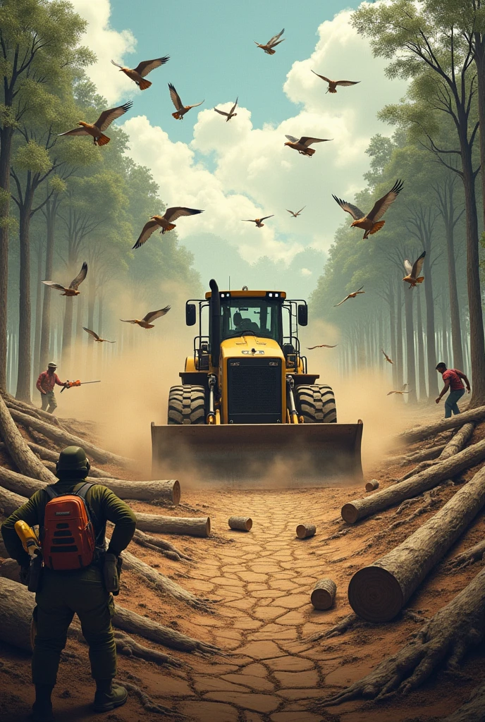 Drought, bulldozer pushing logs, animals run around, flying birds, people cut down trees