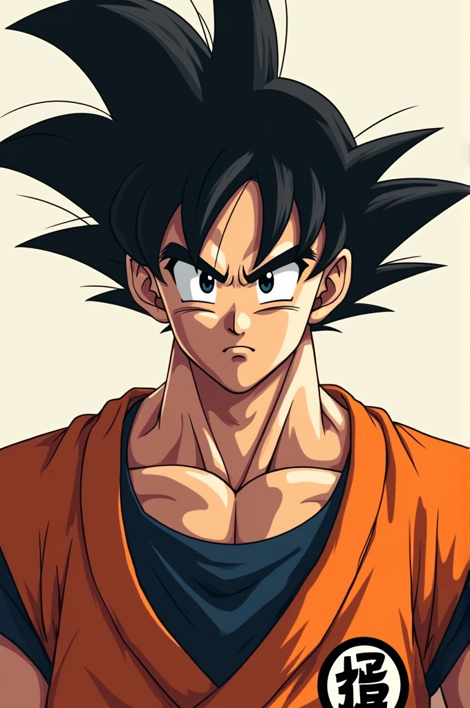 "Create a realistic human version of Goku from Dragon Ball as a cover portrait. Goku should retain his iconic features, such as spiky black hair adapted to a natural, tousled style, and intense, deep black eyes. His facial structure should be strong and rugged, with a muscular, athletic build that reflects his martial artist background. Dress him in a modern, real-world adaptation of his classic orange gi. The background should be clean and minimalistic, focusing attention on Goku as a powerful and determined figure, capturing the essence of his character in a realistic style.