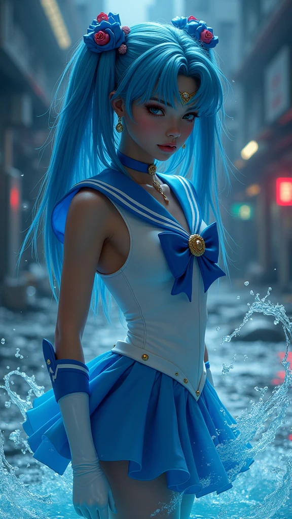 Sailor Mercury with blue hair and , (dark ebony skin:1.4),(background city destroyed apocalypse Tokyo night :1.4), Artgerm JSC, portrait knights of zodiac girl, extremely detailed Artgerm, Ross Tran 8 K, in the style of ross tran, Artgerm Julie Bell Beeple, by Ross Tran, ross tran style, alena aenami and artgerm, inspired by Ross Tran, high quality, (raw photo, best quality), (realistic, Photorealistic: 1.4), (extremely delicate and Beautiful: 1.4), Amazing, fine details, masterpiece, Ultra detailed, high resolution, best illustration, best shadow, intricate, ( extremely intricate: 1.2), (exquisitely detailed skin), cinematic light, Perfect anatomy, (cool color: 1.4), Sharp focus, 8K UHD, DSLR, (Fujifilm XT3),(dark ebony skin:1.4),( cinematic lighting :1.4), ,(Tokyo cyberpunk ruined dungeon ruins background :1.4 ),( pose americano :1.4), (Sailor Mercury :1.4), (a uniform with a blue skirt and light blue bows:1.4) .(85mm f/1.4), (different face extensions :1.4), (beautiful woman beauty a goddess of nature :1.4), epic fantasy art style hd, 4K fantasy art, epic fantasy digital art style, epic fantasy art style, Fantasy Woman, epic fantasy art portrait, Epic fantasy style, hyperrealistic fantasy art, hd fantasy art, epic fantasy character art, epic fantasy art, in style of dark fantasy art, epic fantasy digital art, (Sailor moon Mercury:1.4), (Sailor Mercury V2.1), (half body pose:1.4 ), - floating particles, magic water:1.4),( floating water:1.4) ,(surrounded by swirling water:1.4), (skirt lifted by itself: 1.1), (skirt lift: 1.3), (showing white panties: 1.3), (mostrando panties upskirt :1.4), (nsfw:1.4 ),(nsfw V2.1)