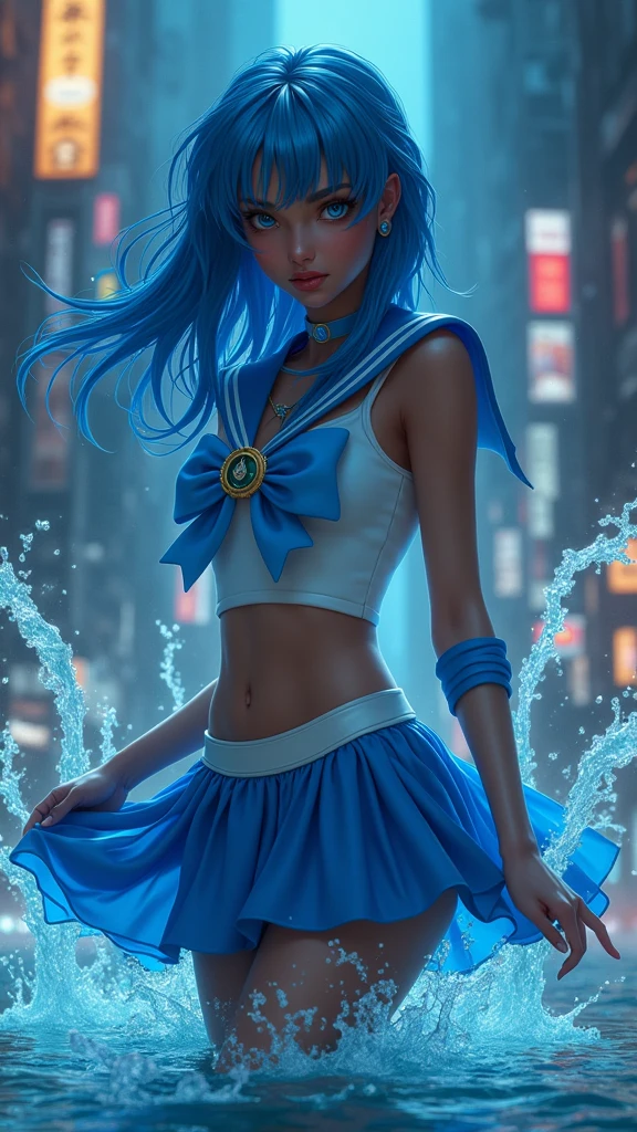 Sailor Mercury  with blue hair and , (dark ebony skin:1.4),(background city destroyed apocalypse Tokyo night :1.4), Artgerm JSC, portrait knights of zodiac girl, extremely detailed Artgerm, Ross Tran 8 K, in the style of ross tran, Artgerm Julie Bell Beeple, by Ross Tran, ross tran style, alena aenami and artgerm, inspired by Ross Tran, high quality, (raw photo, best quality), (realistic, Photorealistic: 1.4), (extremely delicate and Beautiful: 1.4), Amazing, fine details, masterpiece, Ultra detailed, high resolution, best illustration, best shadow, intricate, ( extremely intricate: 1.2), (exquisitely detailed skin), cinematic light, Perfect anatomy, (cool color: 1.4), Sharp focus, 8K UHD, DSLR, (Fujifilm XT3),(dark ebony skin:1.4),( cinematic lighting :1.4), ,(Tokyo cyberpunk ruined dungeon ruins background :1.4 ),( pose americano :1.4), (Sailor Mercury :1.4), (a uniform with a blue skirt and light blue bows:1.4) .(85mm f/1.4), (different face extensions :1.4), (beautiful woman beauty a goddess of nature :1.4), epic fantasy art style hd, 4K fantasy art, epic fantasy digital art style, epic fantasy art style, Fantasy Woman, epic fantasy art portrait, Epic fantasy style, hyperrealistic fantasy art, hd fantasy art, epic fantasy character art, epic fantasy art, in style of dark fantasy art, epic fantasy digital art, (Sailor moon Mercury:1.4), (Sailor Mercury V2.1), (half body pose:1.4 ), - floating particles, magic water:1.4),( floating water:1.4) ,(surrounded by swirling water:1.4), (skirt lifted by itself: 1.1), (skirt lift: 1.3), (showing white panties: 1.3), (mostrando panties upskirt :1.4), (nsfw:1.4 ),(nsfw V2.1)