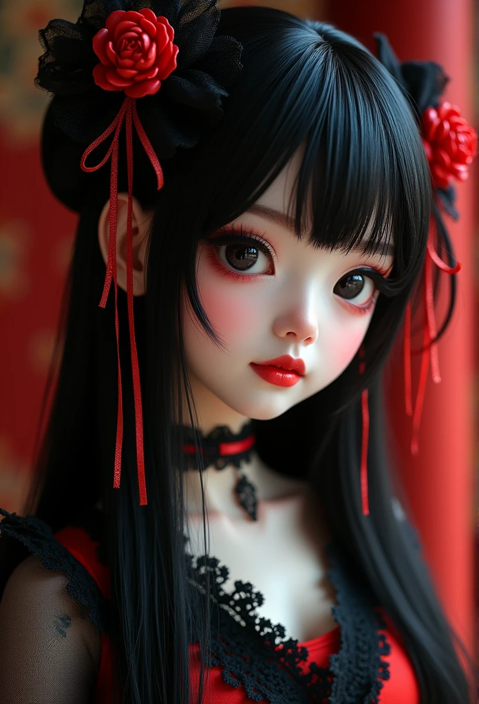 Masterpiece, Best quality, gif,1 porcelain ceramic girl, Solo, Natural skin texture, Realistic black eyes and facial details :5),(Dark :1. 4), Deep shadows, Extremely detailed beauty, Detailed eyes and face, sharp black eyes, Red lipstick, No black eyeliner, Detailed Gothic costumes, pony tails, Black hair, nikon d850 film, Surreal, Authentic textures, Dramatic, lighting, illusory engine, (facial clarity :1). 5), (Transparent clothes :1); 1) Gothic style, Black lace, tattoo. Japanese girl with more or less long black hair with bangs and red highlights, e sexy, Lady,Red hair,dress,beautiful,anime,tattoo, face portrait, close up, big beautiful detailed eyes, ulzzang, art nouveau, candy, sweets, tattoo background pattern, tapestry, backlit, neon palette, geisha, 3 dimensional against a traditional japanese tapestry, 

