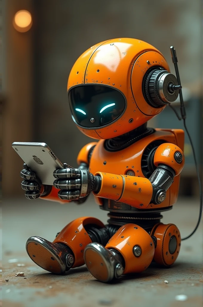 A retro robot still a child in orange and black colors with its elbow resting on a modern cell phone 