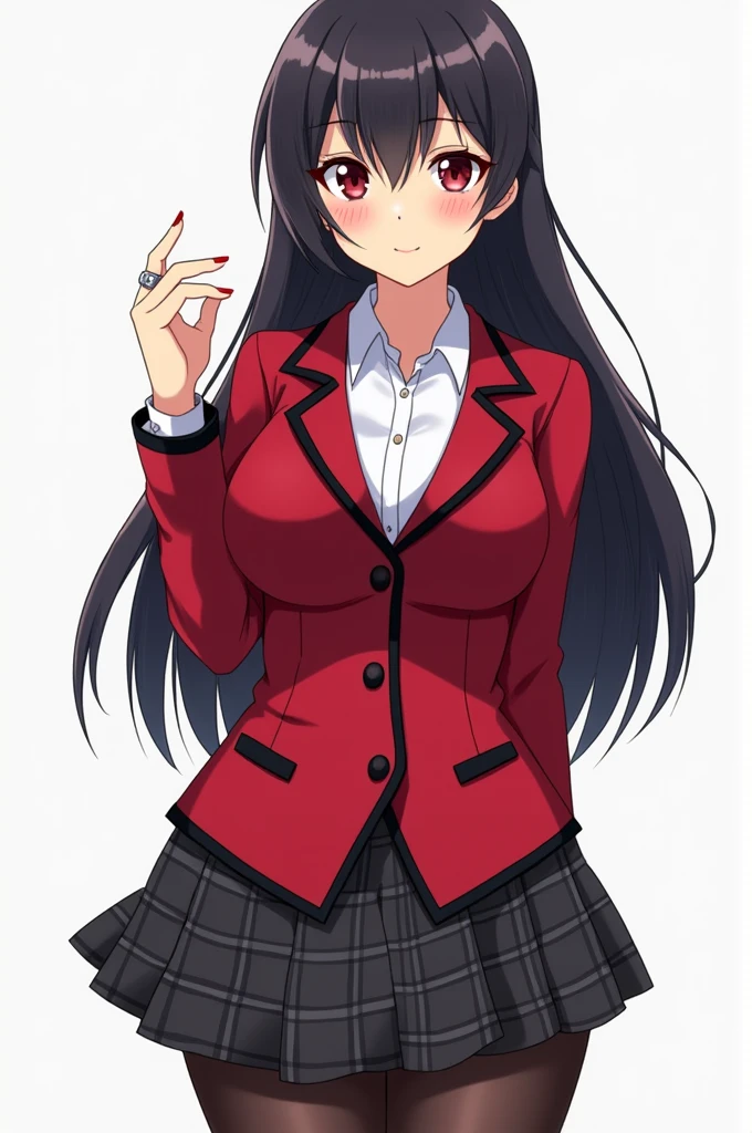 create anime tall, beautiful girl with a voluptuous figure, she has long thick black hair styled in a hime-cut and burgundy eyes she has pink glossed lips and red painted fingernails uniform a red blazer with black trim lining the cuffs and collar, white button-up dress shirt and black cross tie, a black and grey checkered mini skirt, black tights, and brown loafers. Additionally, she wears a silver ring on her left thumb