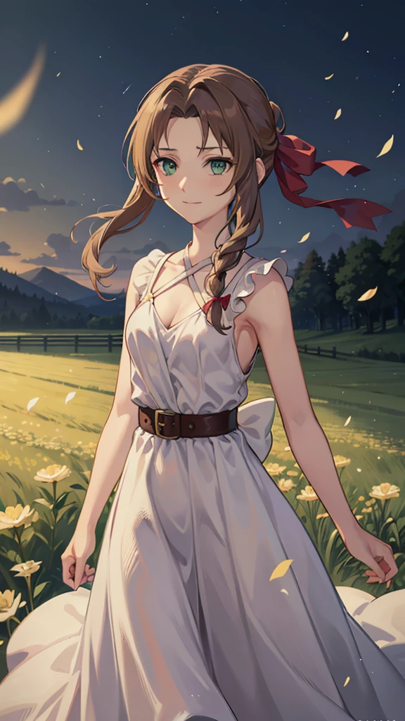 (high quality, Breathtakingly beautiful),(Expressive eyes, Perfect Face) One person, woman, alone, Young people, 20代の若いwoman, Brown Hair, Green Eyes, Stylish hairstyle, A kind smile, Long Hair, Hair loss, Side bangs, Curly Hair, Tied up, Red ribbon in hair, Braided Ponytail, Ancient Greek Clothing, elegant , Aerith Gainsborough, long white dress, Demon Slayer Art Style, Sleeveless dress, Greek Dresses, Flower field in the background, Dandelion, Petals float, Red belt around the waist, View your viewers, slightly narrowed eyes, Portraiture