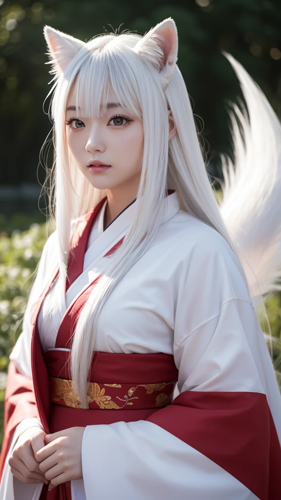 White Demon Fox、Nine-tailed Fox、Japanese women、kimono、Fair skin、Red lines on face、8K、I have long hair