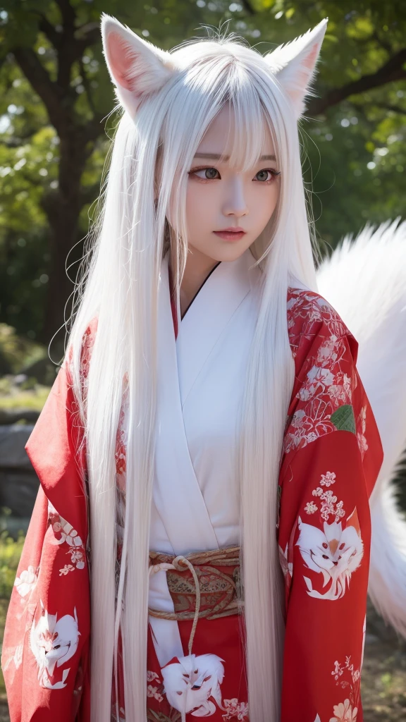 White Demon Fox、Nine-tailed Fox、Japanese women、kimono、Fair skin、Red lines on face、8K、I have long hair
