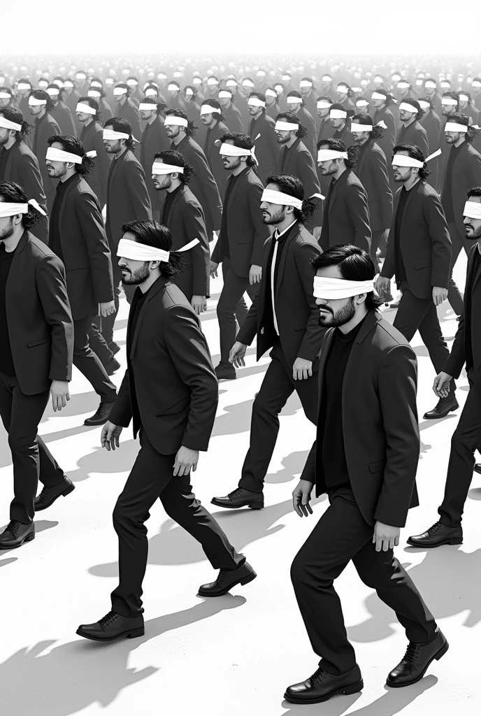 A black and white image of a blindfolded crowd, walking in different directions aimlessly. The image could show some people colliding with each other or running into obstacles., symbolizing the lack of direction and social awareness