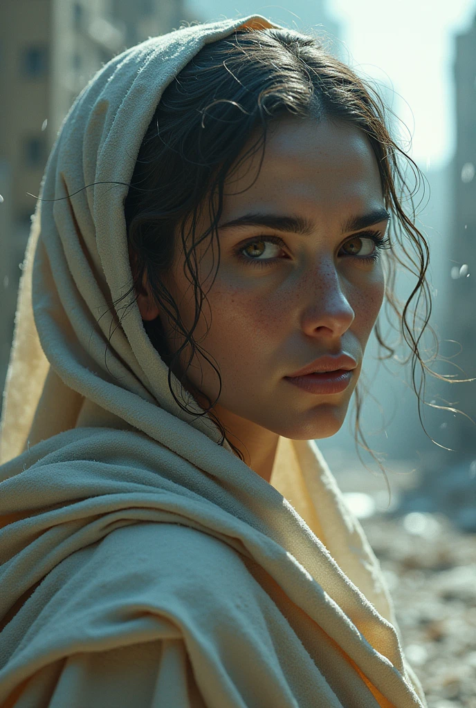 hyper-realistic portrait of an Israelite woman from biblical times in her early thirties with brown eyes, she is vain and proud, she has a beautiful face, she is running, she looks back, she turns to stone, she is petrified like a statue of salt, like a horror film, the setting is a city in destruction, hail is falling from the sky, detailed matte painting, deep cores, fantastic, intricate details, splash screen, complementary cores, fantasy concept art, resolution trend 8k on Artstation Unreal Engine 5