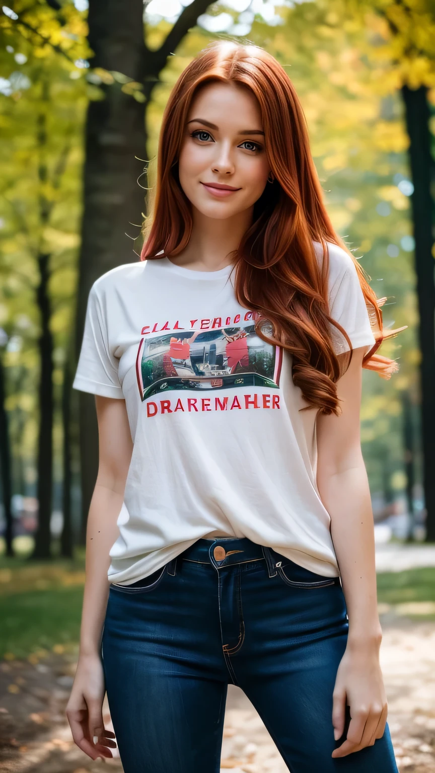 Realistic full body photo of a smiling, Young red-haired girl with long hair, She dances in front of the camera in a red cotton T-shirt and tight black jeans, Park,glamour fotoshooting, Park, perfect anatomy, perfect green eyes. Perfect hands with 5 fingers on each hand, Matching girl, looking at the camera, 1 Frau. (Eye make up:1.1), (highly detailed skin:1.1), spirit, analog style, keen focus, 8K  UHD, dslr, good quality, Fujifilm XT3, Grain, Award-winning, ​masterpiece. Park