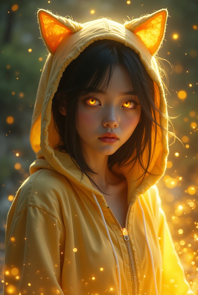 Girl with golden eyes, hoodie with cat ears, White skin, aura with golden magic