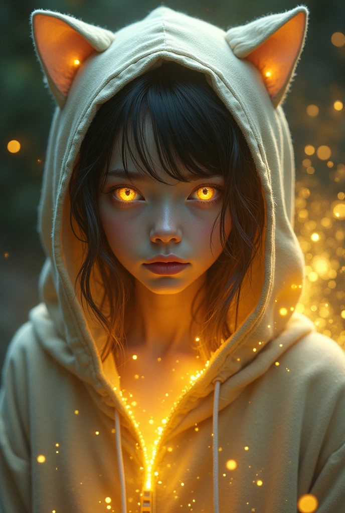 Girl with golden eyes, hoodie with cat ears, White skin, aura with golden magic
